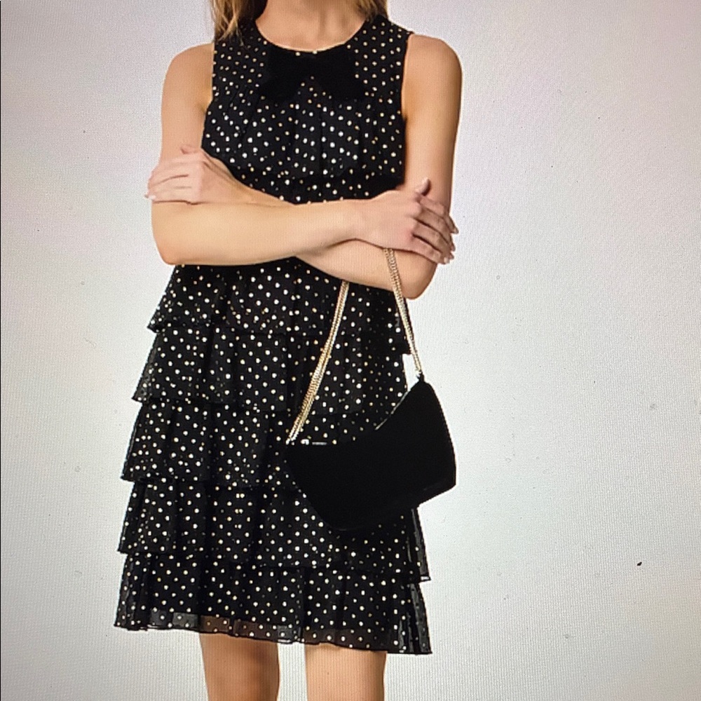 NWT J.Crew Black Gold Polka Dot Tiered mini Dress